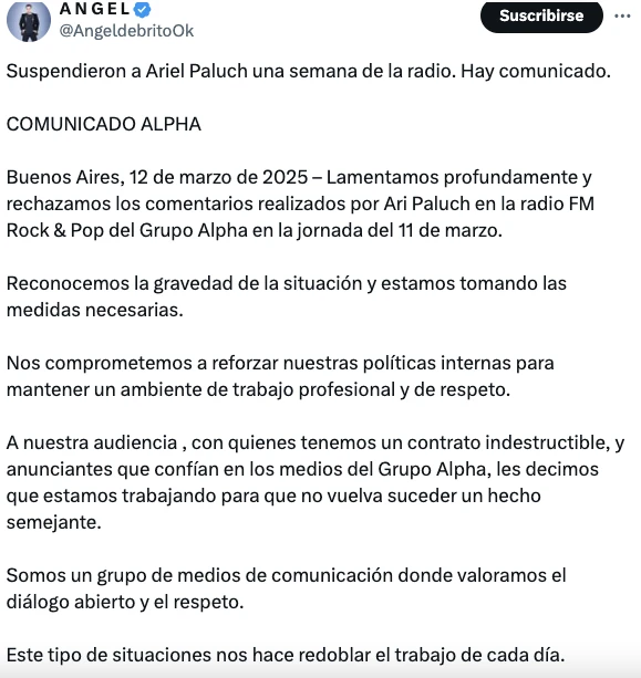 ANGEL DE BRITO CONFIRMO LA SUSPENSION DE UNA SEMANA A ARI PALUCH.